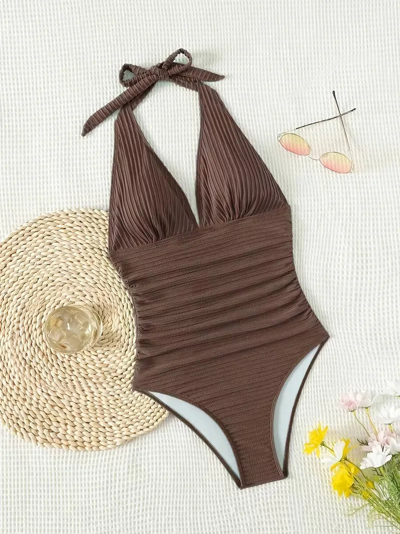 Women’s Swimwear One Piece with Halter Neck & Ruched Waist | Ribbed