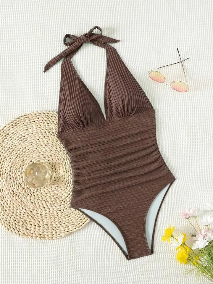Women’s Swimwear One Piece with Halter Neck & Ruched Waist | Ribbed