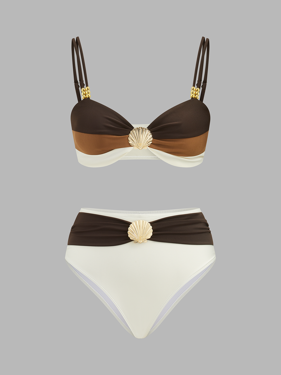 Women’s Swimwear Set with High Waisted Bottoms & Shell Accent Top | Beach