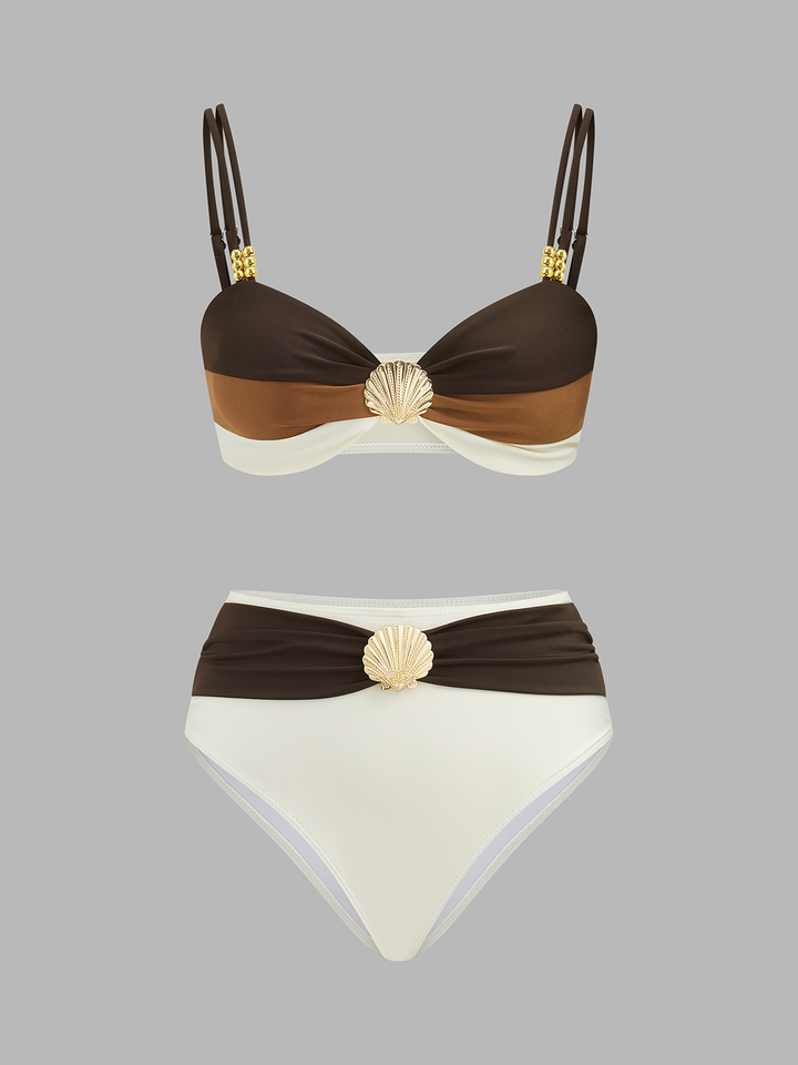 Women’s Swimwear Set with High Waisted Bottoms & Shell Accent Top | Beach