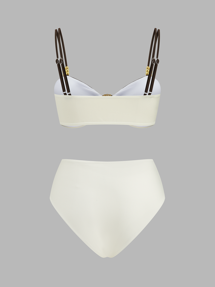Women’s Swimwear Set with High Waisted Bottoms & Shell Accent Top | Beach