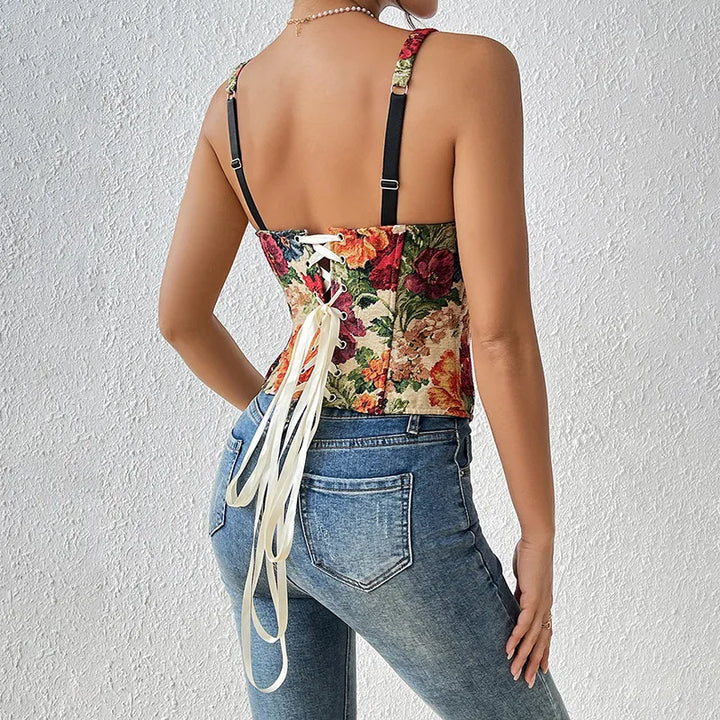 Women’s Tank Top with Floral Print & Lace Up Back | Corset