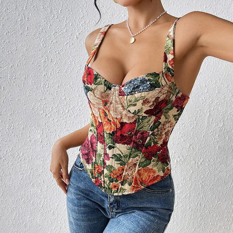 Women’s Tank Top with Floral Print & Lace Up Back | Corset