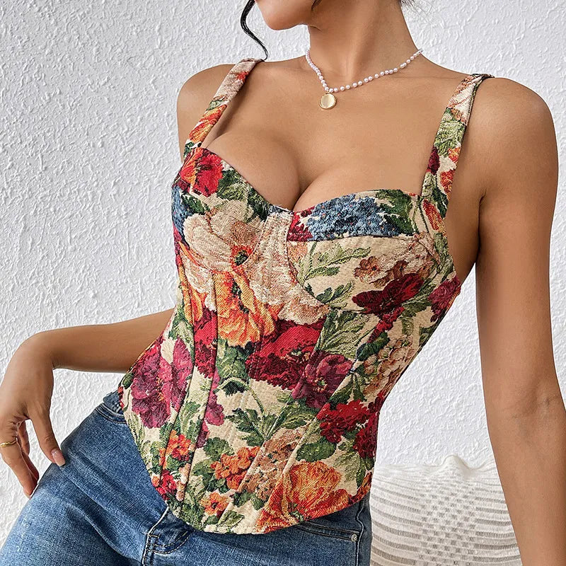 Women’s Tank Top with Floral Print & Lace Up Back | Corset