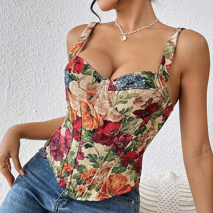 Women’s Tank Top with Floral Print & Lace Up Back | Corset