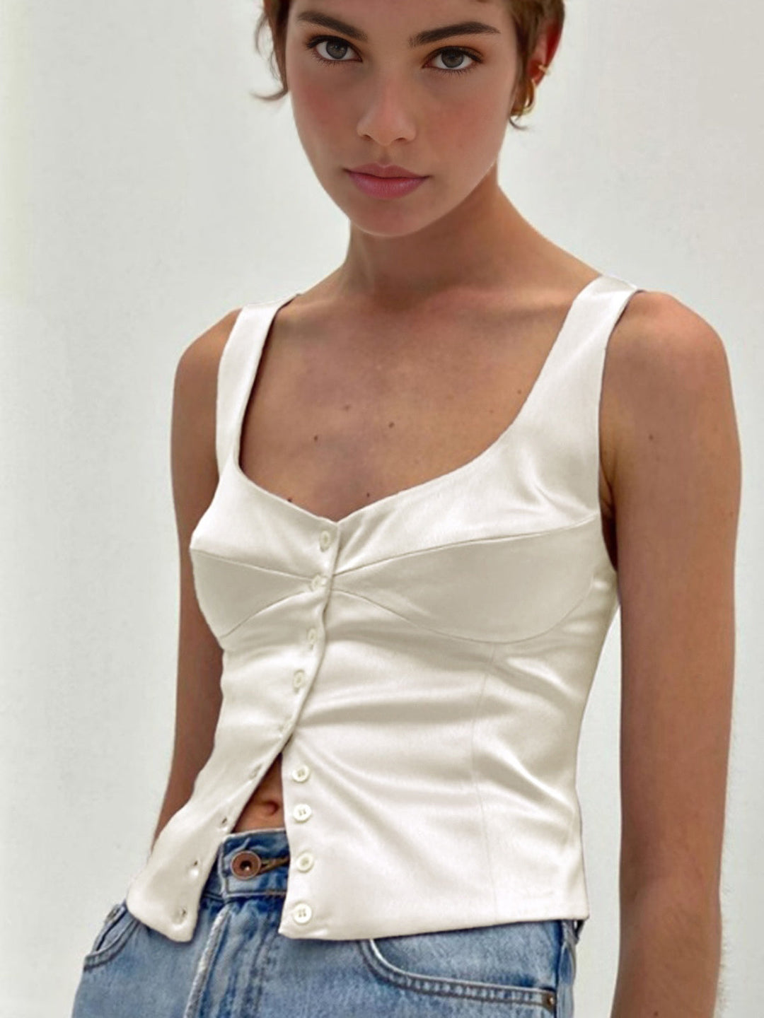 Women’s Tank Top with Wide Straps & Button Detail | Sleeveless