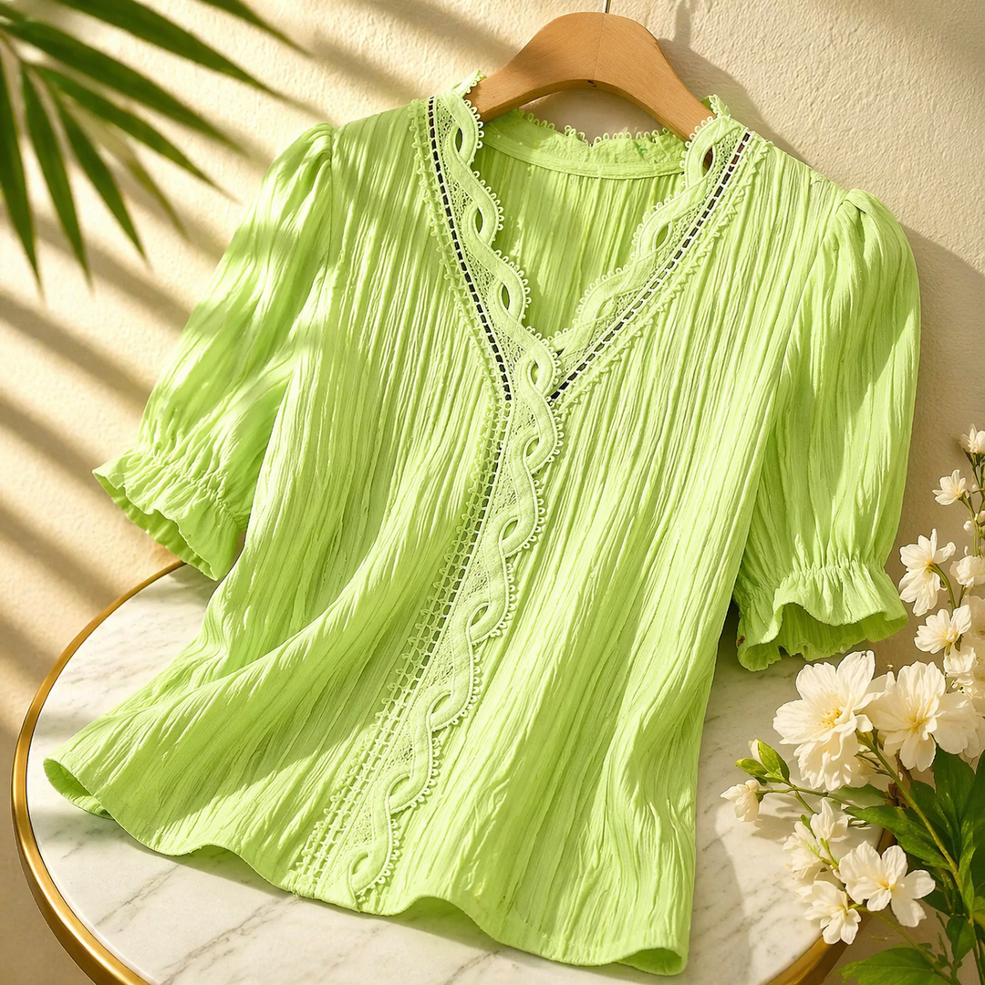 Women's Textured Blouse with Crochet Trim | Puff Sleeve