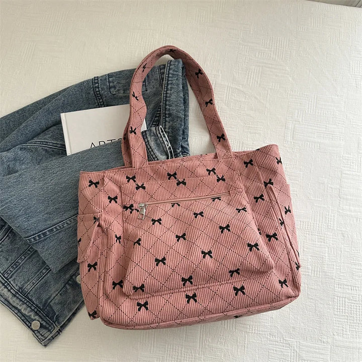 Women's Tote Bag with Bow Print & Zip Pocket | Shoulder