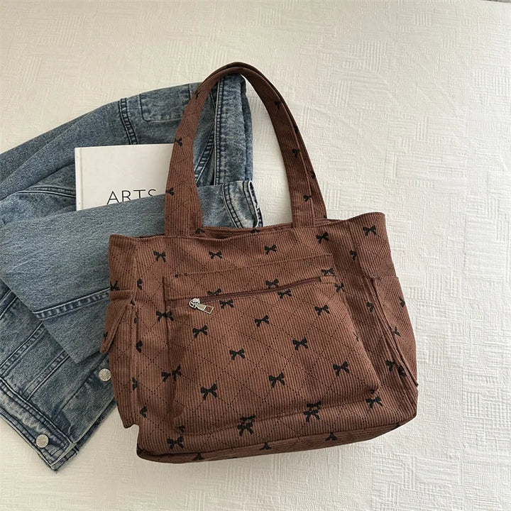 Women's Tote Bag with Bow Print & Zip Pocket | Shoulder