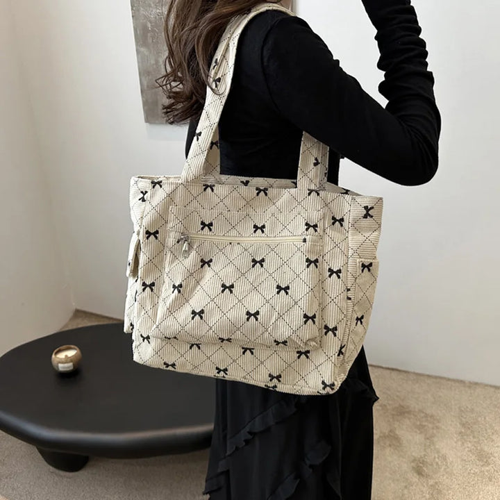 Women's Tote Bag with Bow Print & Zip Pocket | Shoulder