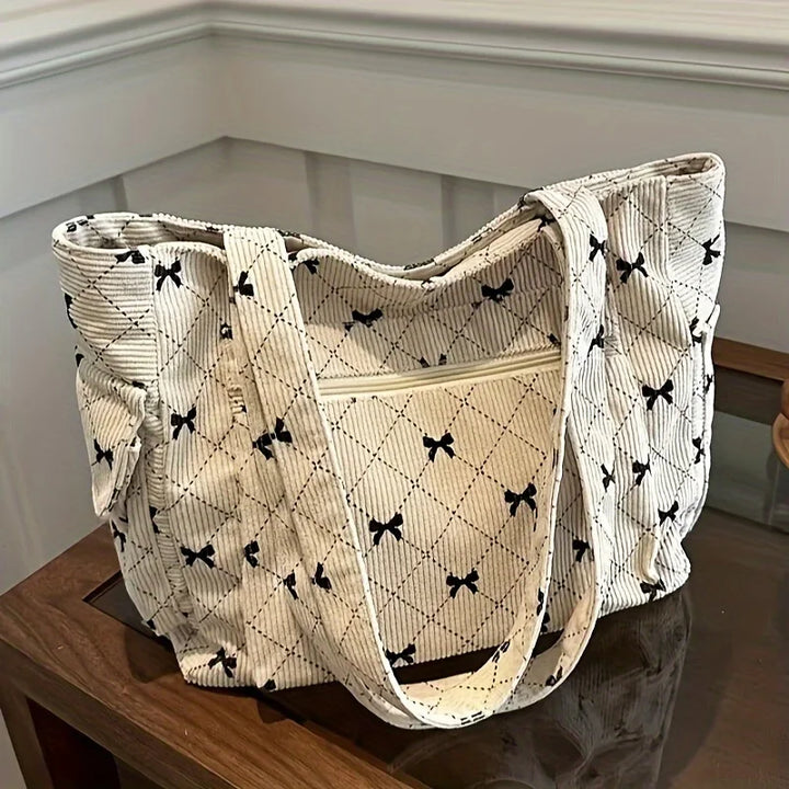 Women's Tote Bag with Bow Print & Zip Pocket | Shoulder