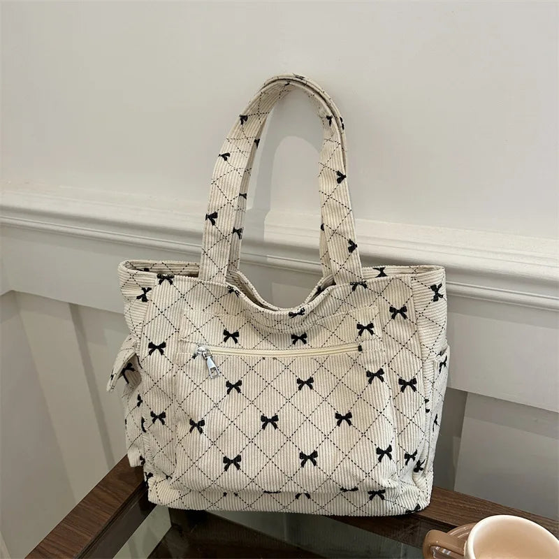 Women's Tote Bag with Bow Print & Zip Pocket | Shoulder