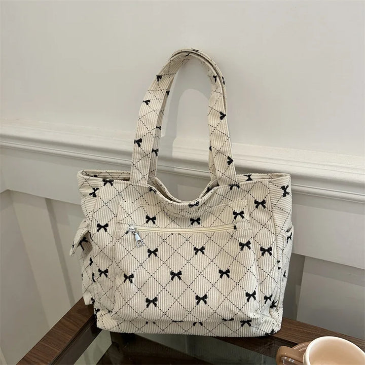 Women's Tote Bag with Bow Print & Zip Pocket | Shoulder