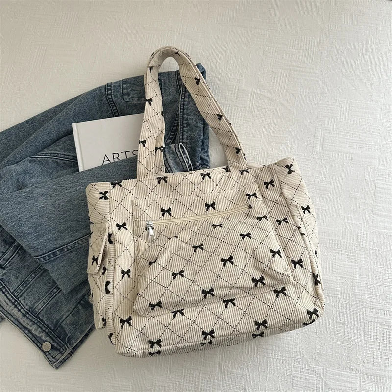Women's Tote Bag with Bow Print & Zip Pocket | Shoulder