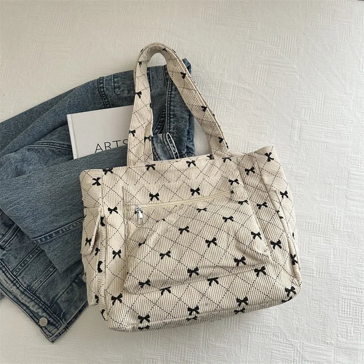 Women's Tote Bag with Bow Print & Zip Pocket | Shoulder