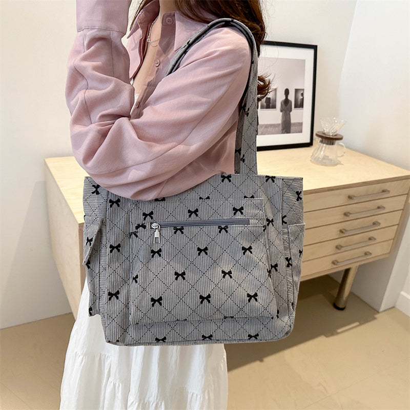 Women's Tote Bag with Bow Print & Zip Pocket | Shoulder