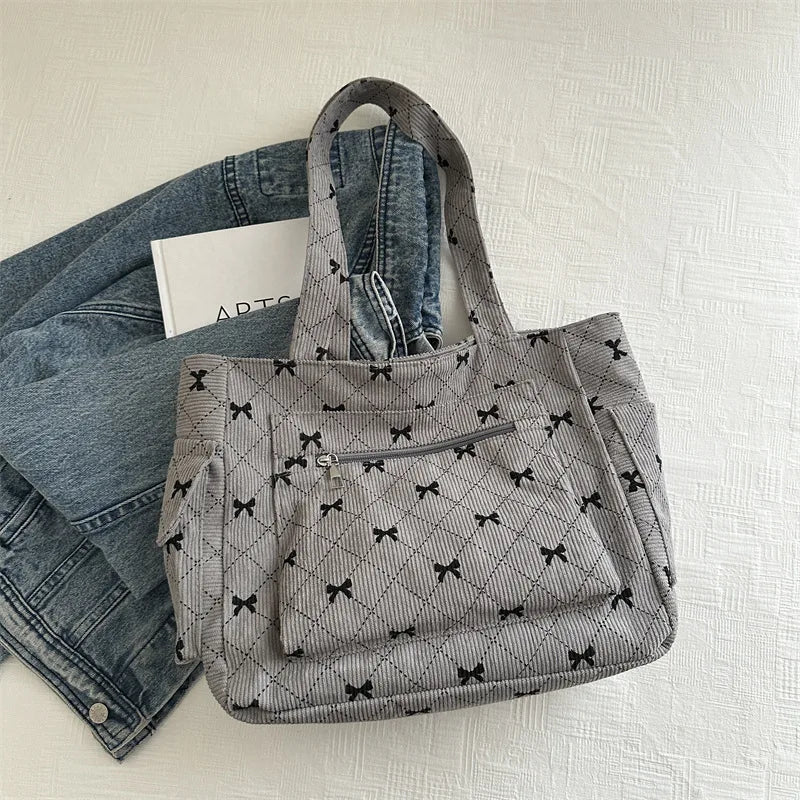 Women's Tote Bag with Bow Print & Zip Pocket | Shoulder