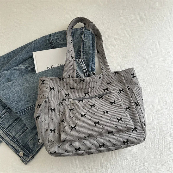 Women's Tote Bag with Bow Print & Zip Pocket | Shoulder