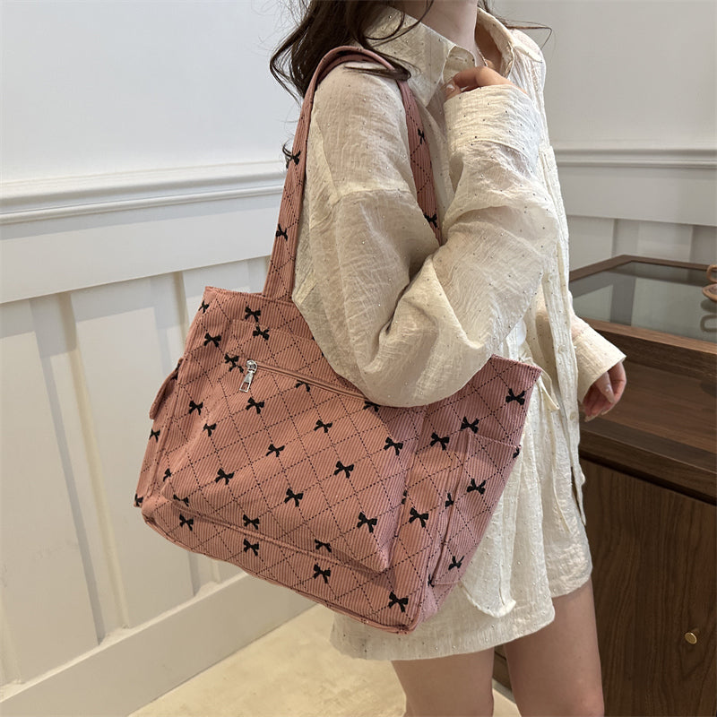 Women's Tote Bag with Bow Print & Zip Pocket | Shoulder