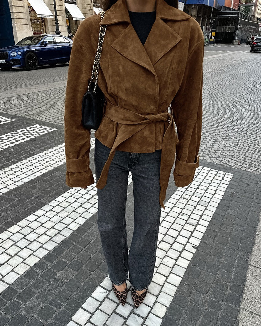 Women's Trench Coat with Belted Waist | Lapel Collar