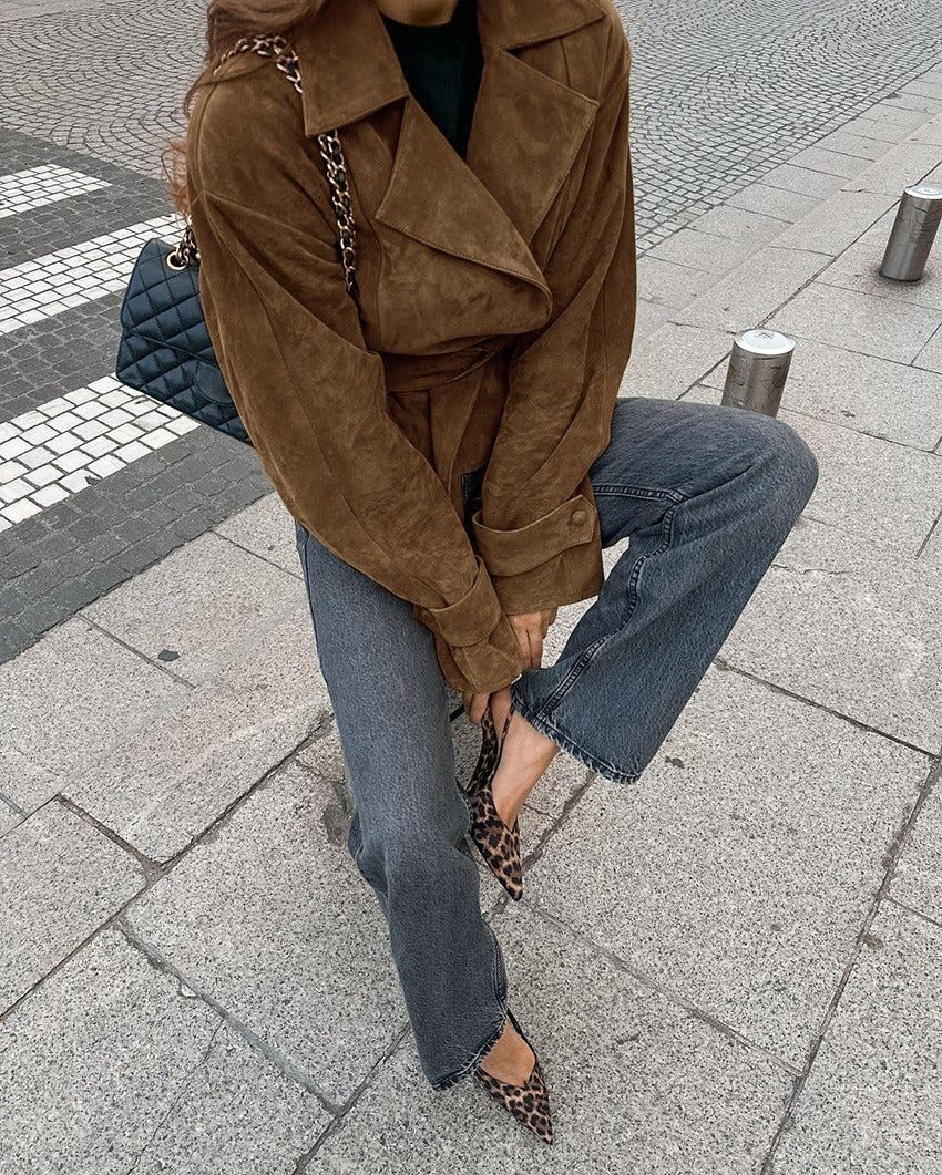Women's Trench Coat with Belted Waist | Lapel Collar