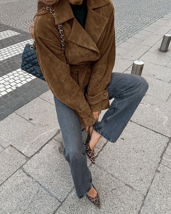 Women's Trench Coat with Belted Waist | Lapel Collar