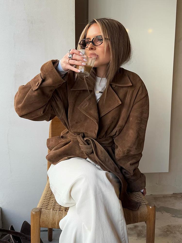 Women's Trench Coat with Belted Waist | Lapel Collar