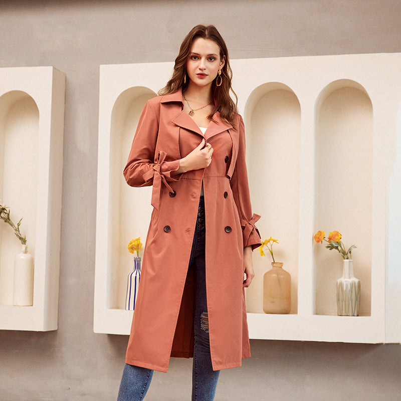 Women's Trench Coat with Double Breasted & Tie Cuff | Long Belted