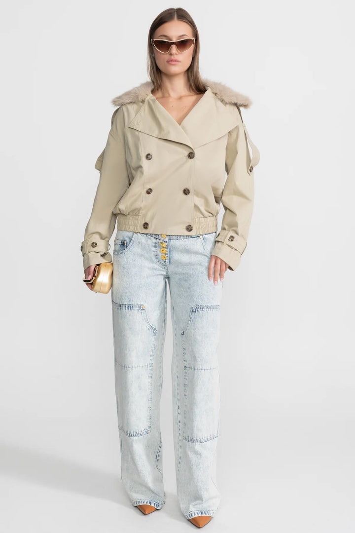Women's Trench Coat with Fur Collar & Double-Breasted | Cropped