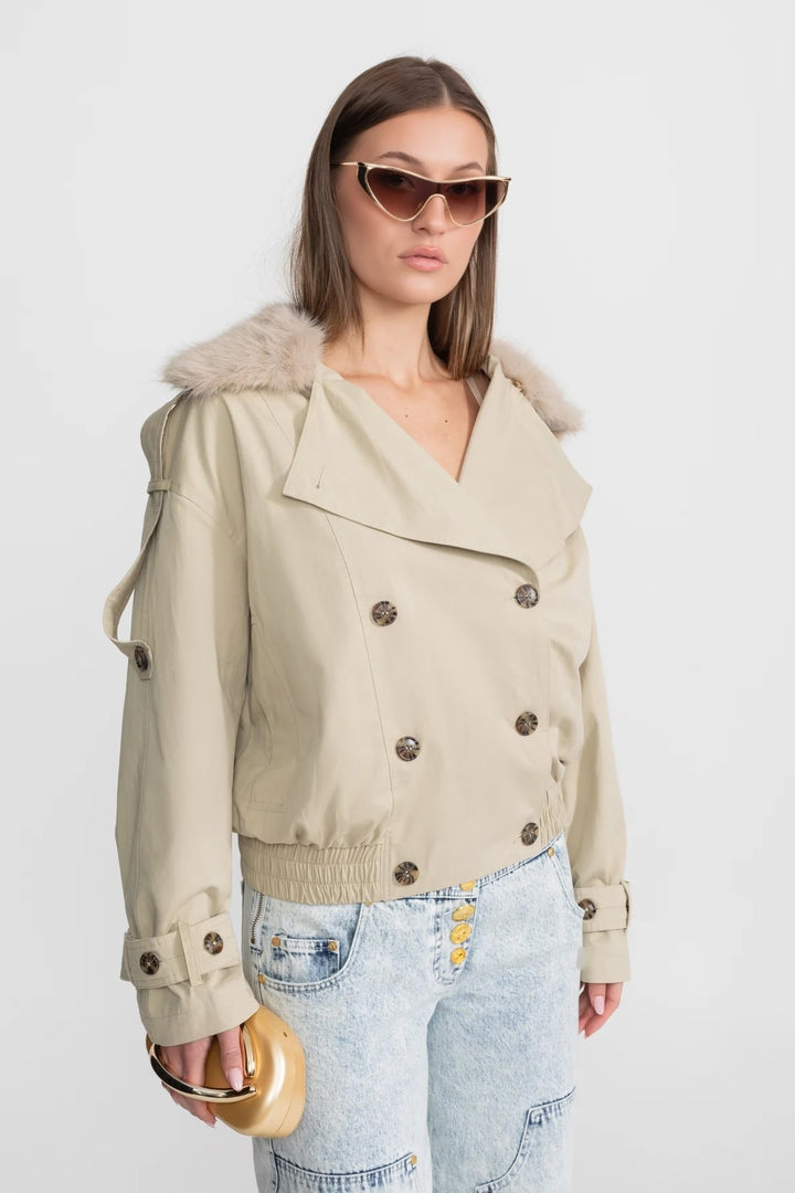 Women's Trench Coat with Fur Collar & Double-Breasted | Cropped