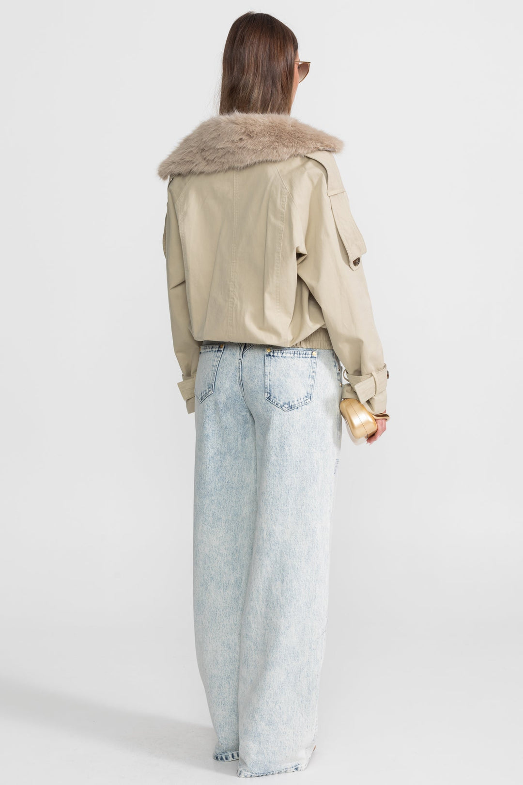 Women's Trench Coat with Fur Collar & Double-Breasted | Cropped