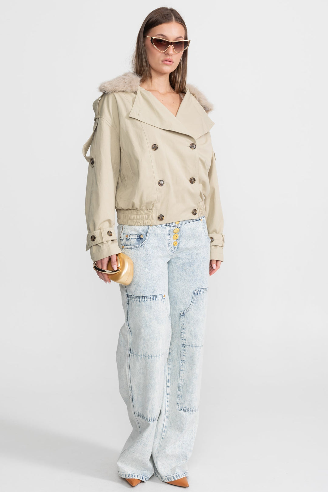 Women's Trench Coat with Fur Collar & Double-Breasted | Cropped