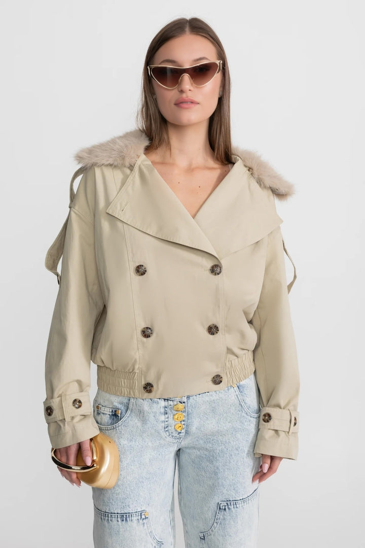 Women's Trench Coat with Fur Collar & Double-Breasted | Cropped