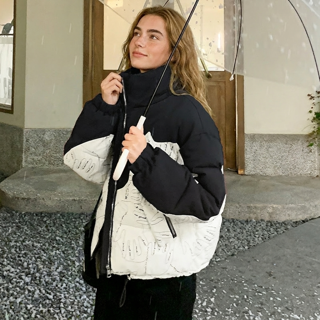 Women's Two Tone Winter Jacket with Stand Collar | Puffer