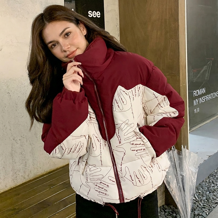 Women's Two Tone Winter Jacket with Stand Collar | Puffer