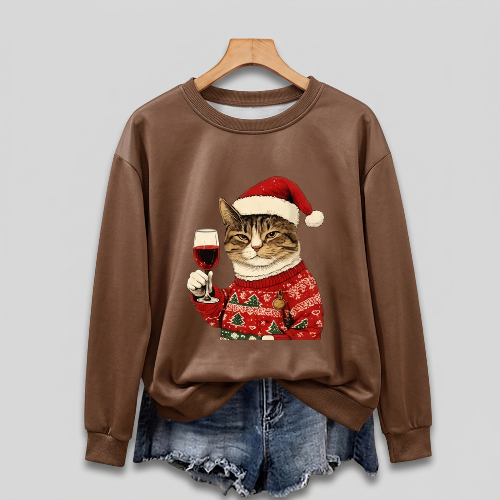 Women's Ugly Xmas Jumper with Cat Graphic | Crew Neck