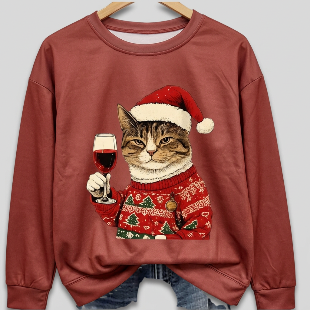 Women's Ugly Xmas Jumper with Cat Graphic | Crew Neck