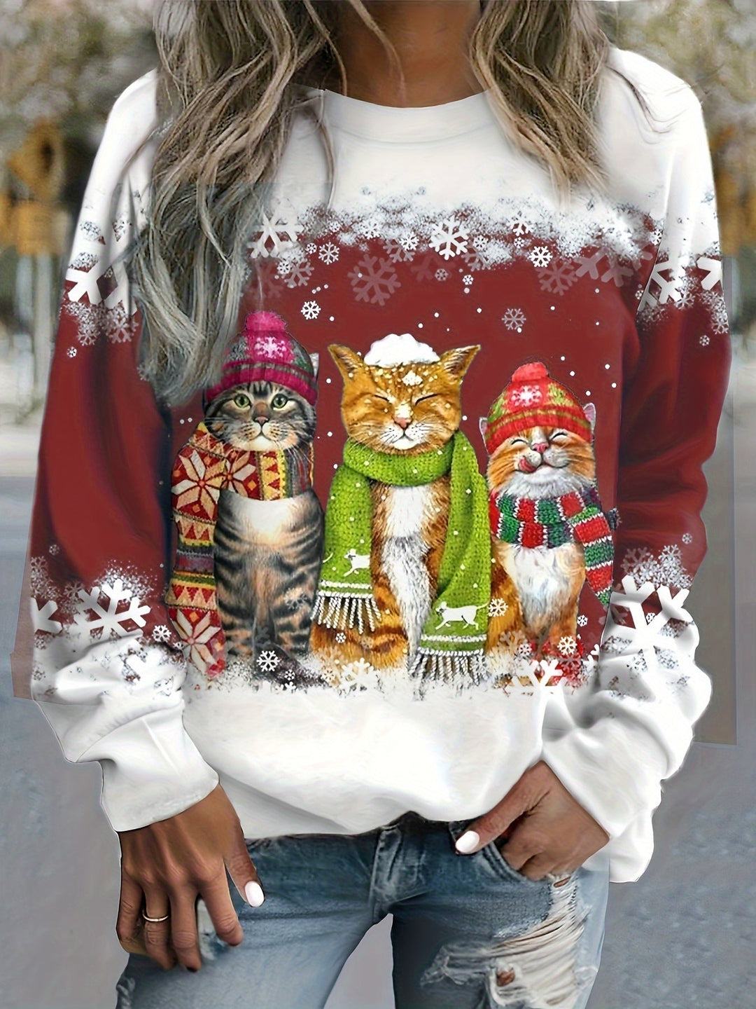 Women's Ugly Xmas Jumper with Cat Print | Crew Neck