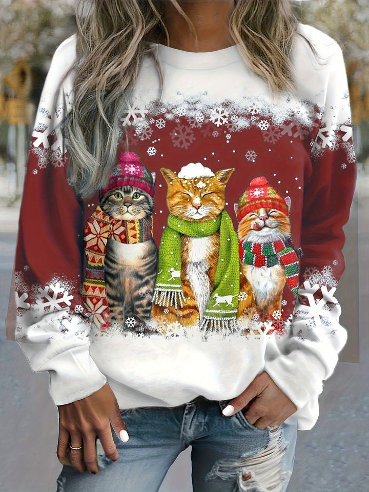 Women's Ugly Xmas Jumper with Cat Print | Crew Neck