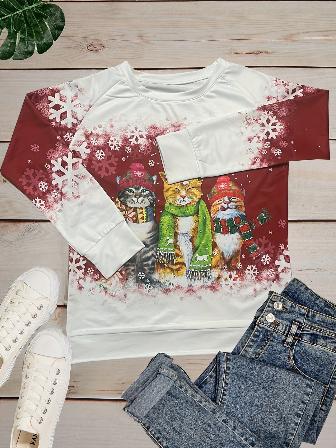 Women's Ugly Xmas Jumper with Cat Print | Crew Neck