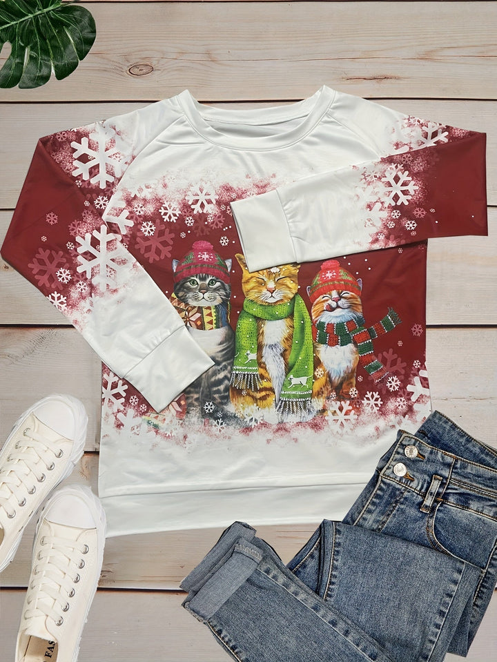 Women's Ugly Xmas Jumper with Cat Print | Crew Neck
