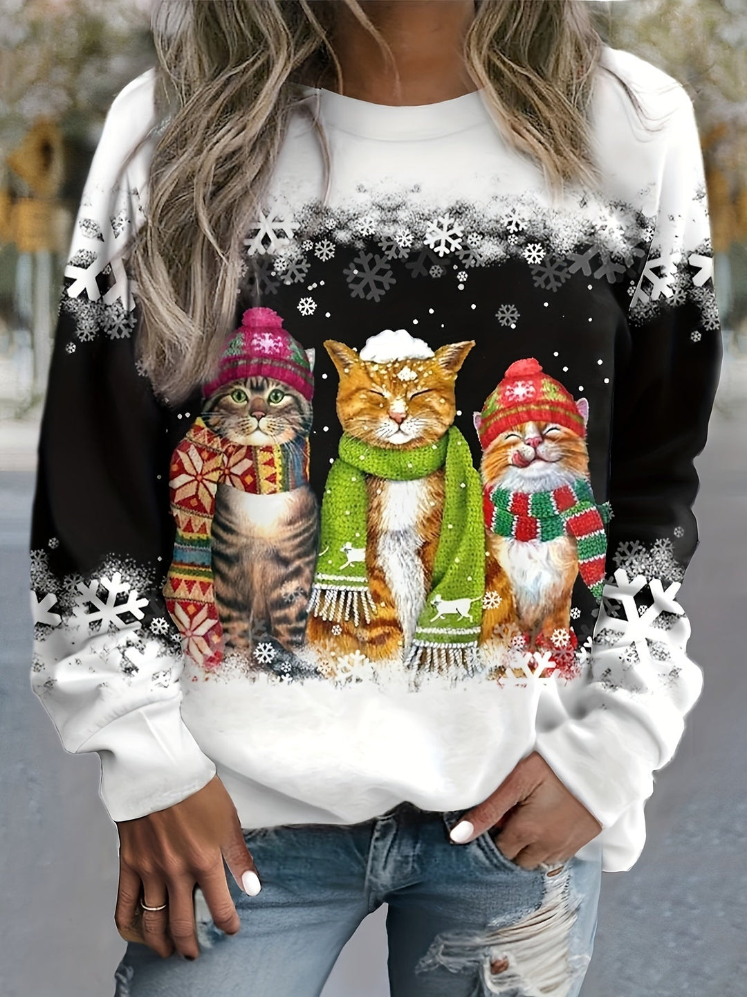 Women's Ugly Xmas Jumper with Cat Print | Crew Neck