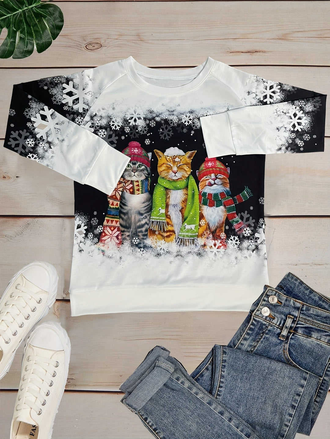 Women's Ugly Xmas Jumper with Cat Print | Crew Neck