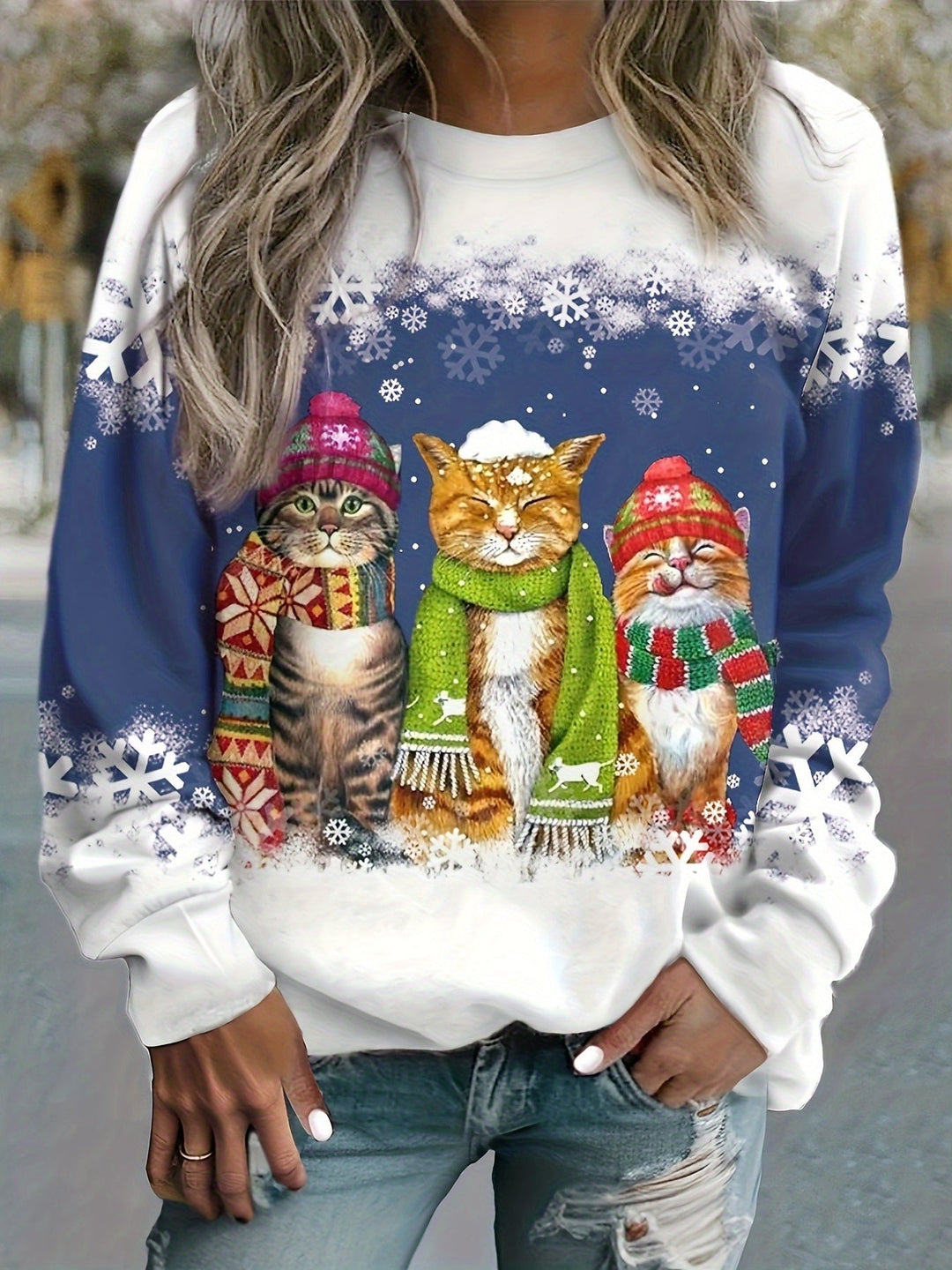 Women's Ugly Xmas Jumper with Cat Print | Crew Neck