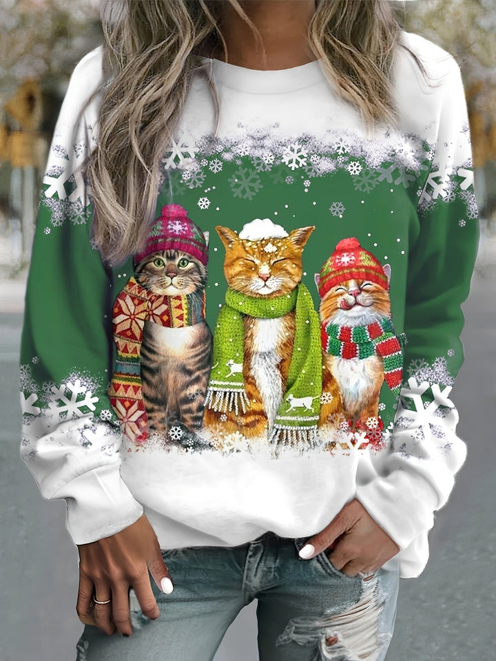 Women's Ugly Xmas Jumper with Cat Print | Crew Neck