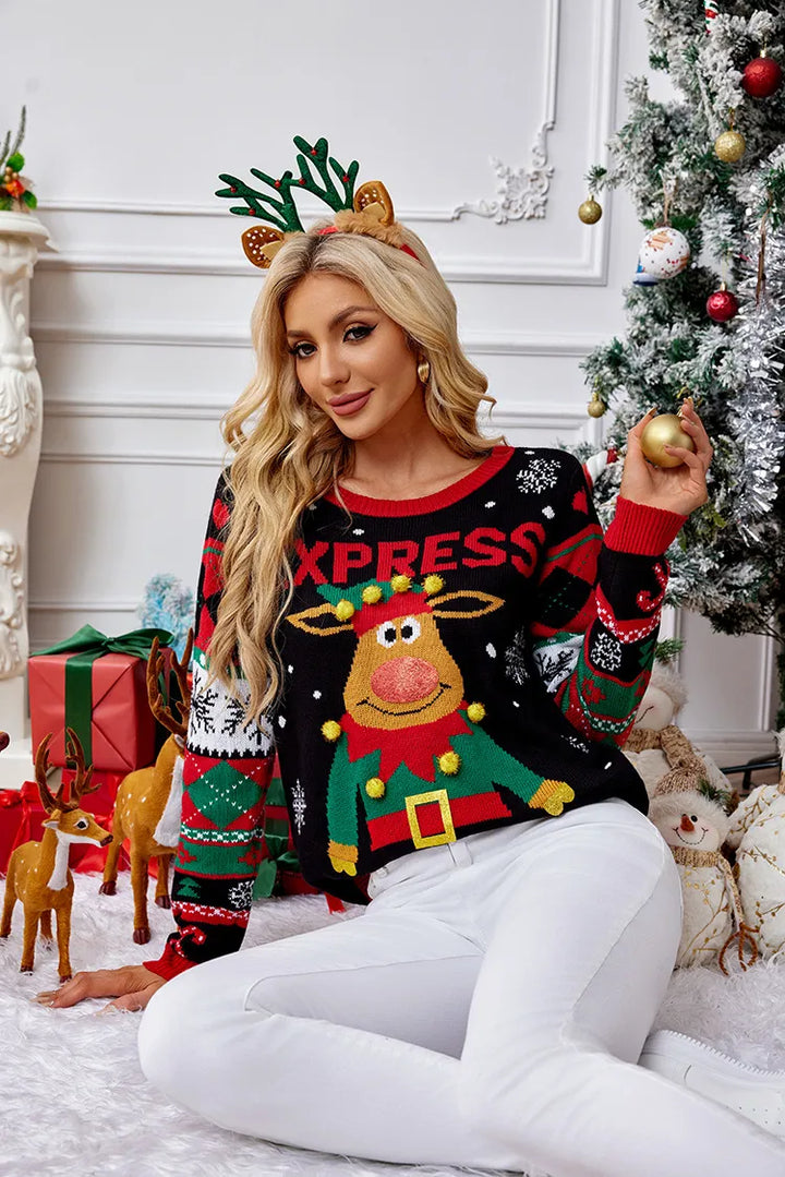 Women’s Ugly Xmas Jumper with Reindeer | Patterned Sleeves