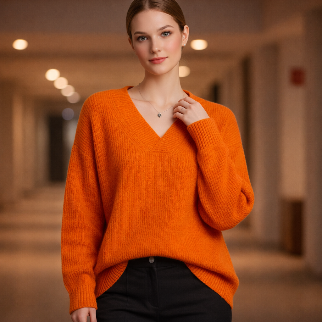Women's V-Neck Knit Sweater with Drop Shoulders | Oversized