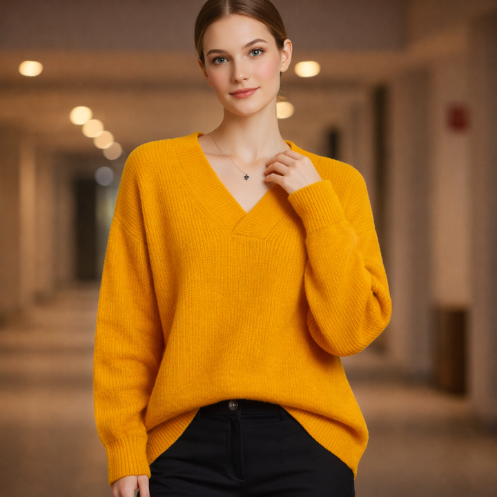 Women's V-Neck Knit Sweater with Drop Shoulders | Oversized