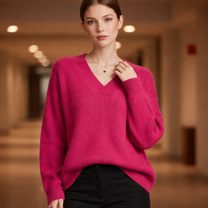 Women's V-Neck Knit Sweater with Drop Shoulders | Oversized