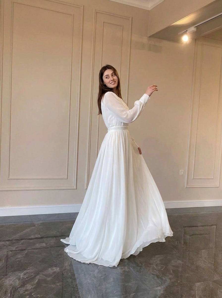 Women's Wedding Dress with Long Sleeve | Flowy Maxi